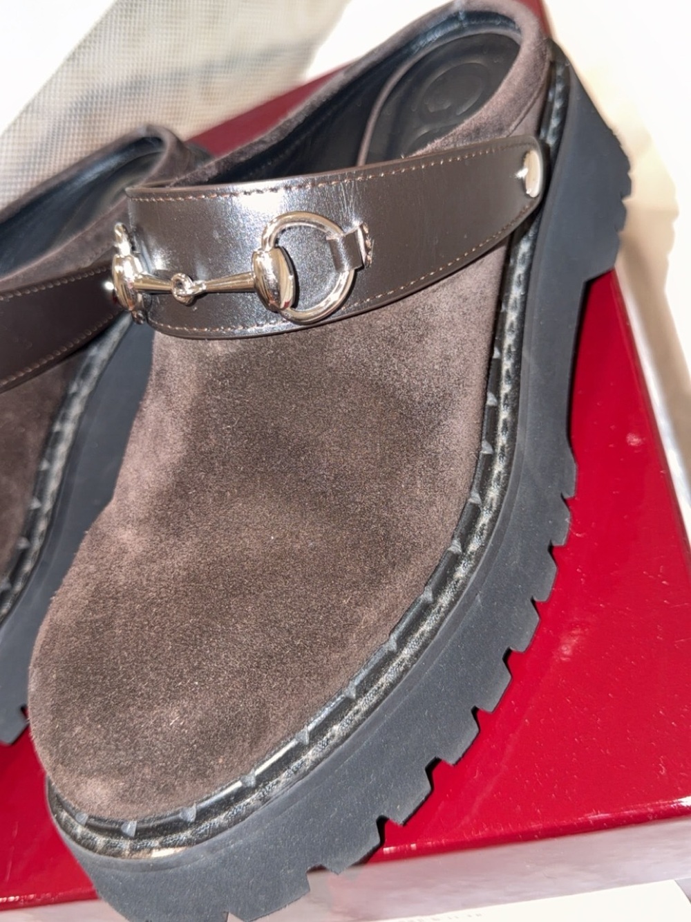 Gucci Brown Suede Horsebit Clog shoes worn a few times.
